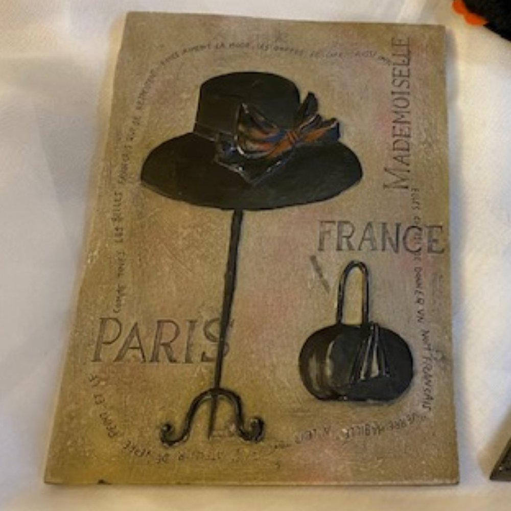 Parisian Lady Hat & Bag 3D Decor Plaque w/Built in Hook